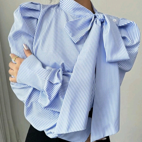 Tops - Bow Tie Accent Gigot Sleeve Striped Casual Shirt,Long Sleeve Tops